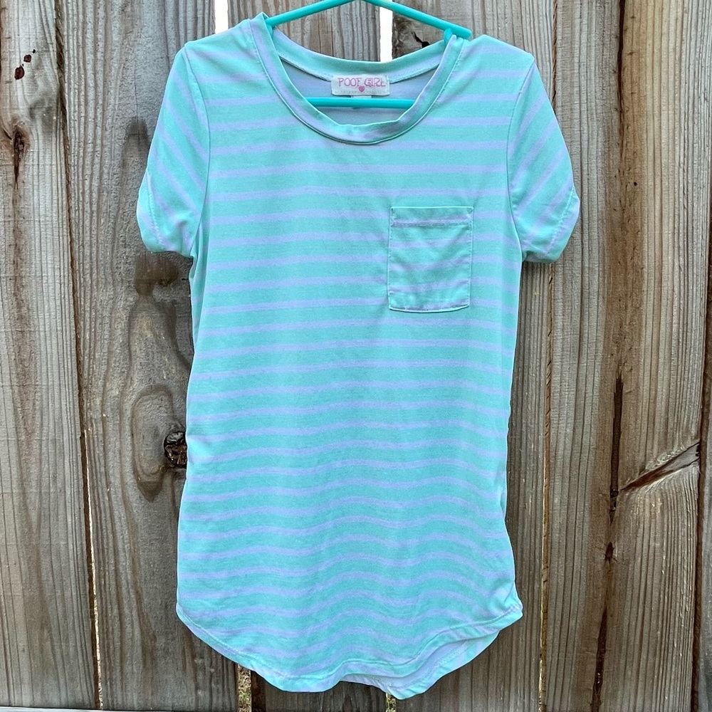 Poof Girl size small short sleeve mint and white stripe shirt front pocket comfy